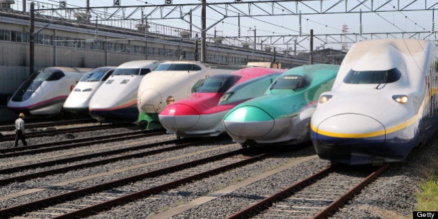 OYAMA, JAPAN - MAY 19: (CHINA OUT, SOUTH KOREA OUT) All successive series of Tohoku Shinkansen bullet trains, (L to R) E3 Komachi, E3 Tsubasa, E1 Max, 200, E6, E5 and E4 Max are displayed at JR East's Oyama Shinkansen Train Center on May 19, 2012 in Oyama, Tochigi, Japan. (Photo by The Asahi Shimbun via Getty Images)