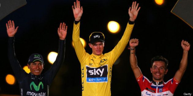 PARIS, FRANCE - JULY 21: Winner of the 2013 Tour de France, Chris Froome of Great Britain and SKY Procycling (C) celebrates on the podium alongside second placed, best young rider and King of the Mountain Nairo Quintana (L) of Colombia and Movistar Team, and third placed Joaquin 'Purito' Rodriguez of Spain and Team Katusha after the twenty first and final stage of the 2013 Tour de France, a processional 133.5KM road stage ending in an evening race around the Champs-Elysees, on July 21, 2013 in Paris, France. (Photo by Bryn Lennon/Getty Images)