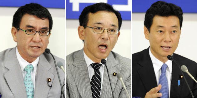 This combo picture shows three candidates for the election of Japan's opposition Liberal Democratic Party (LDP) leader (L-R) Taro Kono, Sadakazu Tanigaki and Yasutoshi Nishimura at their press conference at the LDP headquarters in Tokyo on September 18, 2009. The president's post of the LDP was vacated after former premier Taro Aso stepped down to take responsibility for the party's election rout in late August. The conservative party is set to elect a new leader on September 28. (Photo credit should read YOSHIKAZU TSUNO/AFP/Getty Images)