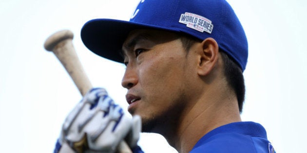 KANSAS CITY, MO - OCTOBER 22: Norichika Aoki #23 of the Kansas City Royals stands on the field before Game Two of the 2014 World Series against the San Francisco Giants at Kauffman Stadium on October 22, 2014 in Kansas City, Missouri. (Photo by Ed Zurga/Getty Images)