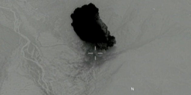 Still image taken from a video released by the U.S. Department of Defense on April 14, 2017 shows the moment after a MOAB, or