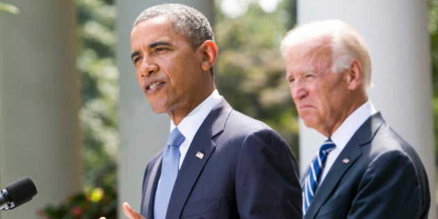 WASHINGTON, DC - AUGUST 31: (AFP OUT) U.S. President Barack Obama (L) joined by Vice President Joe Biden delivers a statement on Syria in the Rose Garden of the White House on August 31, 2013 in Washington, DC. Obama states that he will seek Congressional authorization for the U.S. to take military action following the events in Syria. (Photo by Kristoffer Tripplaar-Pool/Getty Images)