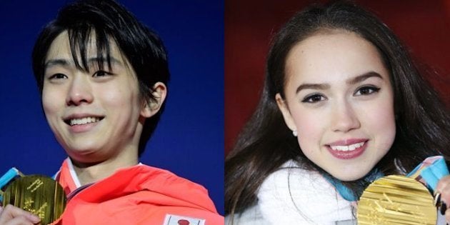 羽生結弦（左）とアリーナ・ザギトワ（右）