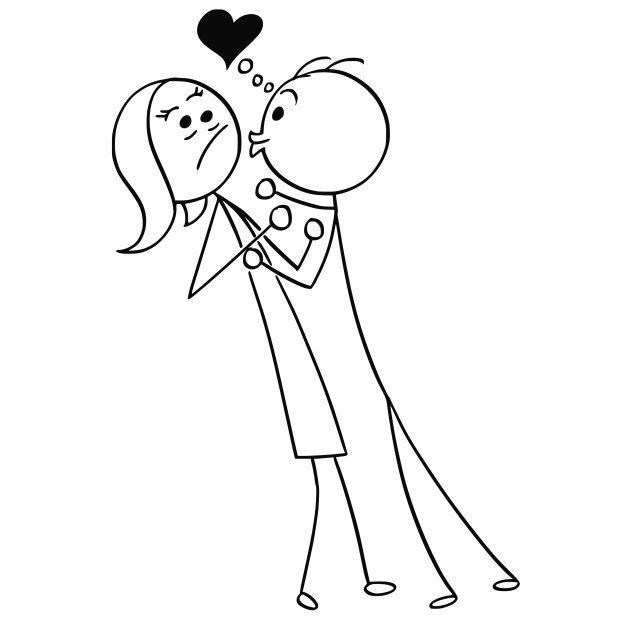 Cartoon stick man drawing illustration of woman resisting the kiss from man in love with heart symbol above, sexual harassment