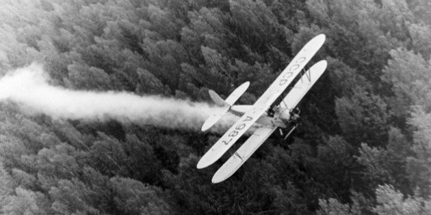 A polikarpov po-2 (u-2) biplane spraying pesticides over forests, late 1940s. (Photo by: Sovfoto/UIG via Getty Images)