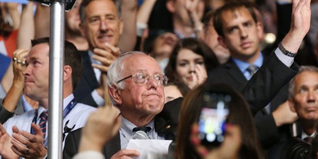 PHILADELPHIA, PA - JULY 26: Senator Bernie Sanders reacts after the Vermont delegation cast their votes during roll call on the second day of the Democratic National Convention at the Wells Fargo Center on July 26, 2016 in Philadelphia, Pennsylvania. An estimated 50,000 people are expected in Philadelphia, including hundreds of protesters and members of the media. The four-day Democratic National Convention kicked off July 25. (Photo by Paul Morigi/WireImage)