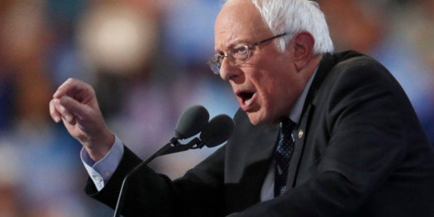 Former Democratic Presidential candidate, Sen. Bernie Sanders, I-Vt., speaks during the first day of the Democratic National Convention in Philadelphia , Monday, July 25, 2016. (AP Photo/Paul Sancya)