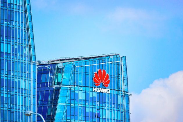 Vilnius, Lithuania - August 8, 2017: Huawei Technologies company headquarter at the modern office building skyscraper in the business district of Vilnius, Lithuania.