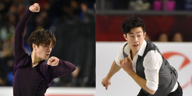 男子SPで演技する宇野昌磨（左）とネイサン・チェン