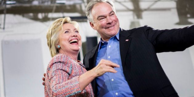ANNANDALE, VA - Democratic Presumptive Nominee for President former Secretary of State Hillary Clinton, accompanied by Senator Tim Kaine (D-VA), rallies at the Ernst Community Cultural Center in Annandale, Virginia on Thursday, July 14, 2016. (Photo by Melina Mara/The Washington Post via Getty Images)