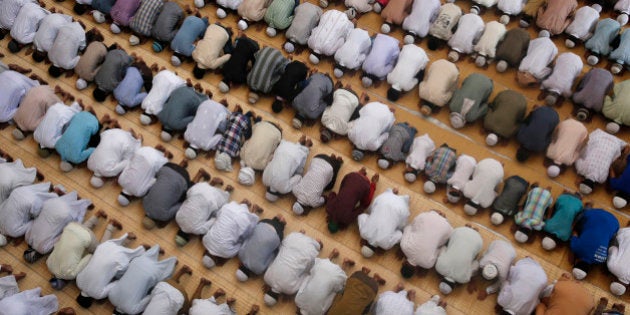 FILE - In this Friday, June 19, 2015, file photo, Indian Muslims offer prayers during the holy Islamic month of Ramadan at a mosque in Allhabad, India. Muslims throughout the world are marking the month of Ramadan, the holiest month in the Islamic calendar. (AP Photo/Rajesh Kumar Singh)