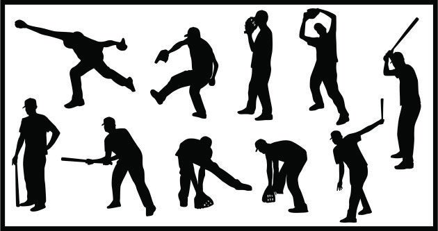 Ten silhouettes of a man playing baseball