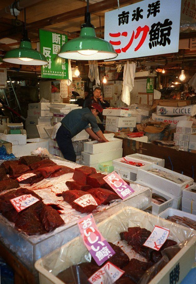 調査捕鯨で取ったミンククジラの肉を販売する仲卸店（東京都中央区の築地市場、2002年）