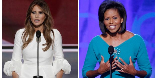 Melania Trump (L), wife of Republican U.S. presidential candidate Donald Trump, speaks at the Republican National Convention in Cleveland, Ohio, U.S. July 18, 2016 and Michelle Obama addresses the opening session of the 2008 Democratic National Convention in Denver, Colorado August 25, 2008 in a combination of file photos. REUTERS/Mike Segar/File Photos TPX IMAGES OF THE DAY