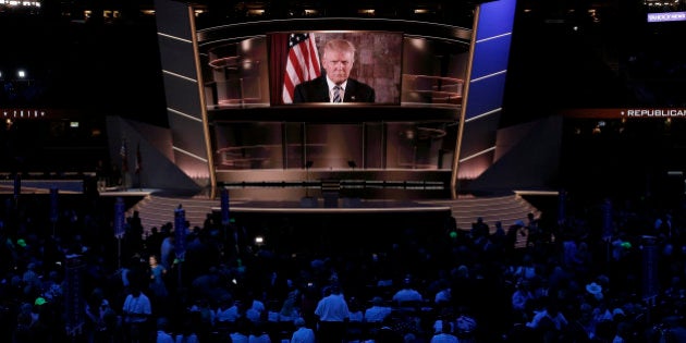 Republican U.S. presidential nominee Donald Trump speaks live via satellite from Trump Tower in New York City during the second session at the Republican National Convention in Cleveland, Ohio, U.S. July 19, 2016. REUTERS/Mike Segar