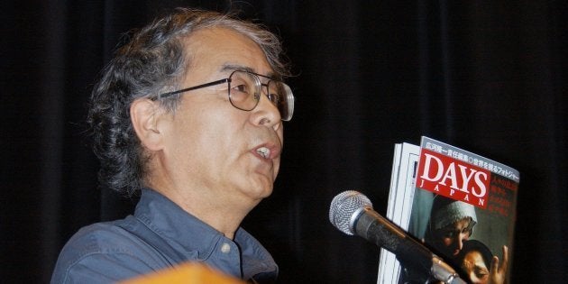 「日本人人質事件を考える緊急集会」で、イラクで拘束されたとみられる日本人の解放と政府の対応を訴えるフォトジャーナリストの広河隆一氏（東京・中野区）