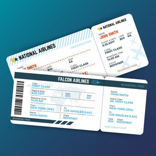 Vector travelling concept with airline boarding pass tickets. Ticket travel to airplane illustration