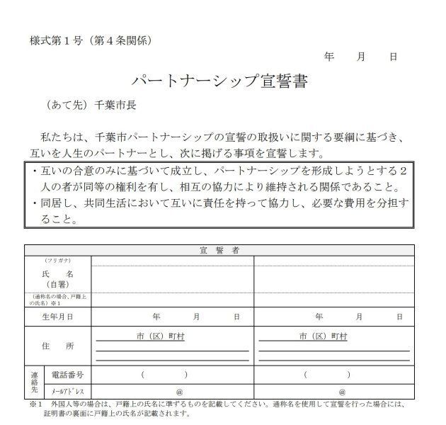 千葉市が1月29日に施行するパートナーシップ宣誓制度に使われる宣誓書の申込用紙