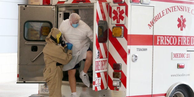 DALLAS, TX - OCTOBER 08: A possible Ebola patient is brought to the Texas Health Presbyterian Hospital on October 8, 2014 in Dallas, Texas. Thomas Eric Duncan, the first confirmed Ebola virus patient in the U.S., died earlier today. (Photo by Joe Raedle/Getty Images)