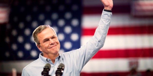 Former Florida Gov. Jeb Bush takes the stage as he formally joins the race for president with a speech at Miami Dade College, Monday, June 15, 2015, in Miami. (AP Photo/David Goldman)