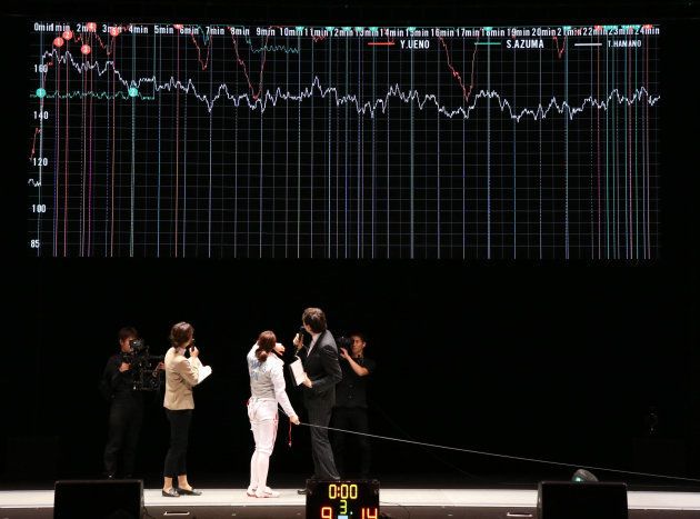 モニターに映された心拍数のデータを見る東晟良（日体大）＝2018年12月9日、東京都新宿区の東京グローブ座