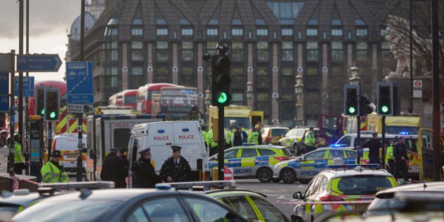 Scenes on Westminster Bridge after four people were killed (including the attacker) and 20 injured during a terrorist attack on Westminster Bridge and outside the Houses of Parliament, on 22nd March 2017, in central London, England. Parliament was in session and all MPs and staff and visitors were in lock-down while outside, the public and traffic were kept away from the area of Westminster Bridge and parliament Square, the scenes of the attack. It is believed a lone man crashed his car into pedestrians then, armed with a knife tried to enter Parliament, stabbing and killing a police officer at parliament's main gates. (Photo by Richard Baker / In Pictures via Getty Images)