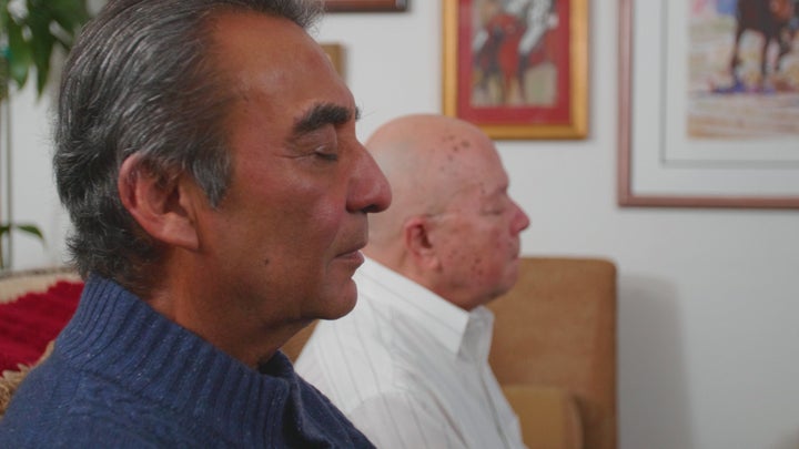 Azim Khamisa, left, and Ples Felix meditate together.