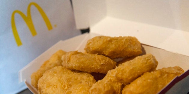 A McDonald's 10 piece chicken McNuggets is photographed at the Times Square location in New York March 4, 2015. McDonald's Corp's U.S. restaurants will gradually stop buying chicken raised with antibiotics vital to fighting human infections, the most aggressive step by a major food company to force chicken producers to change practices in the fight against dangerous