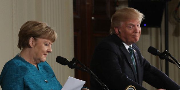 WASHINGTON, DC - MARCH 17: U.S. President Donald Trump (R) holds a joint press conference with German Chancellor Angela Merkel in the East Room of the White House on March 17, 2017 in Washington, DC. The two leaders discussed strengthening NATO, fighting the Islamic State group, the ongoing conflict in Ukraine and held a roundtable discussion with German business leaders during their first face-to-face meeting. (Photo by Chip Somodevilla/Getty Images)
