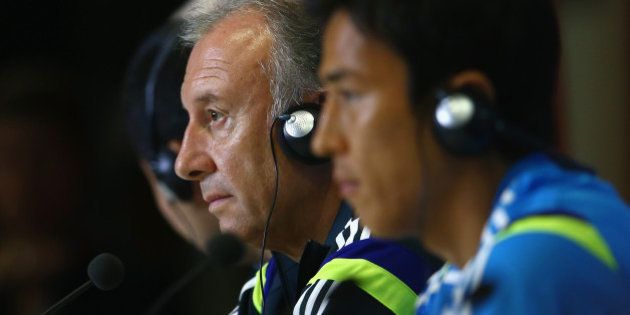 NATAL, BRAZIL - JUNE 18: Japan head coach Alberto Zaccheroni looks on as he listens to questions from the media during a Japan press conference session at the Dunas Arena in Natal on June 18, 2014 in Natal, Rio Grande do Norte. (Photo by Mark Kolbe/Getty Images)