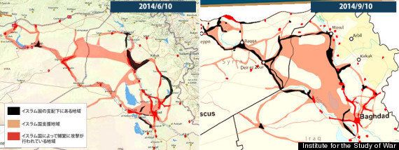 イスラム国の支配地域 右：2014年6月10日、左：2014年9月10日、Source：Institute for the Study of War