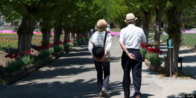 Japanese senior couple walking in garden