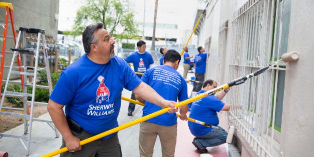 IMAGE DISTRIBUTED FOR SHERWIN-WILLIAMS - Thousands of Sherwin-Williams employees joined forces with painting contractors and local volunteers to refresh hundreds of community organizations across the U.S. and Canada during National Painting Week, on Tuesday, May 12, 2015 in Los Angeles. (Photo by Colin Young-Wolff/Invision for Sherwin-Williams/AP Images)