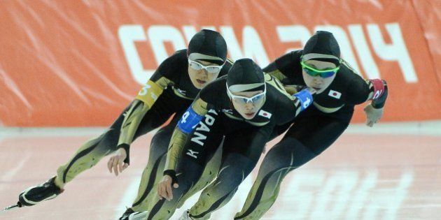 Japan's Misaki Oshigiri (2), Maki Tabata (3) and Nana Takagi (4) skate during the quarterfinals of the ladies team pursuit at Adler Arena at the Winter Olympics in Sochi, Russia, Friday, Feb. 21, 2014. (Chuck Myers/MCT via Getty Images)