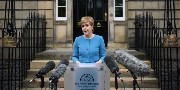 Scotland's First Minister and Leader of the Scottish National Party (SNP), Nicola Sturgeon, addresses the media after holding an emergency Cabinet meeting at Bute House in Edinburgh, Scotland on June 25, 2016, following the pro-Brexit result of the UK's EU referendum vote.The result of Britain's June 23 referendum vote to leave the European Union (EU) has pitted parents against children, cities against rural areas, north against south and university graduates against those with fewer qualifications. London, Scotland and Northern Ireland voted to remain in the EU but Wales and large swathes of England, particularly former industrial hubs in the north with many disaffected workers, backed a Brexit. / AFP / OLI SCARFF (Photo credit should read OLI SCARFF/AFP/Getty Images)