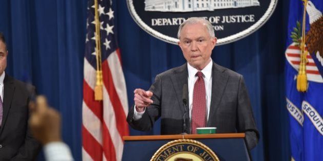 US Attorney General Jeff Sessions speaks during a press conference at the US Justice Department on March 2, 2017, in Washington DC.Sessions announced Thursday that he would recuse himself from any investigations into President Donald Trump's 2016 election campaign. But after receiving a strong endorsement from Trump, Sessions did not bow to pressure to step down over charges he lied to Congress about his contacts with the Russian ambassador before the election. / AFP PHOTO / Nicholas Kamm (Photo credit should read NICHOLAS KAMM/AFP/Getty Images)