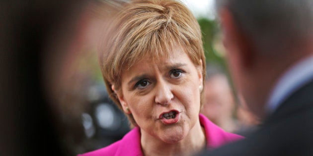 Scottish First Minster Nicola Sturgeon talks to journalists after meeting with Plaid Cymru Leader Leanne Wood and Green MP Caroline Lucas to highlight the importance of the social benefits of the EU, concentrating on the benefits of the European Union for working people, for women and for young people, in London, Monday, May 23, 2016. (AP Photo/Frank Augstein)