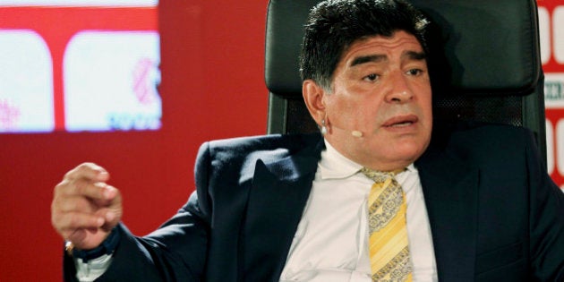 Argentina football legend Diego Maradona speaks on the second day of the SoccerEx Asian Forum conference in Southern Shuneh, Jordan, Monday, May 4, 2015. (AP Photo/Raad Adayleh)