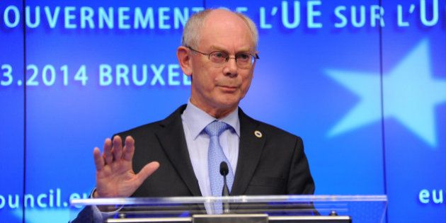 BRUSSELS, BELGIUM - MARCH 6: European Council President Herman Van Rompuy gives a speech after an emergency summit about the situation in Ukraine at the European Union Council Building in Brussels, Belgium, on March 6, 2014. (Photo by Dursun Aydemir/Anadolu Agency/Getty Images)