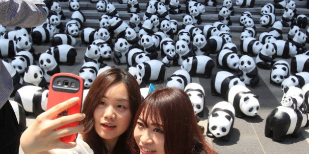 SEOUL, SOUTH KOREA - MAY 23: People take a 'selfie' photograph near Pandas on May 23, 2015 in Seoul,...