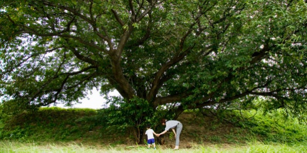 Mother and her son holding hands together, and watching a big tree.