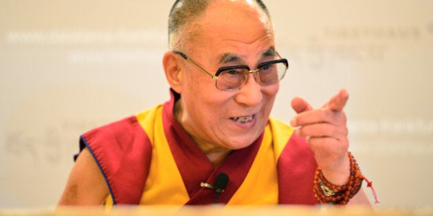 FRANKFURT AM MAIN, GERMANY - MAY 14: The Dalai Lama speaks during a press conference while supporters of the International Shugden Community (ISC) protest outside against the current visit of the Dalai Lama on May 14, 2014 in Frankfurt, Germany. The ISC claims the Dalai Lama discriminates against them and denies them religious freedom, while critics charge the ISC is actually a front for the New Kadampa Tradition and brand it as a rigid cult run by fanatics who demand blind obedience from its followers. The Dalai Lama is visiting Frankfurt from May 13-16. (Photo by Thomas Lohnes/Getty Images)