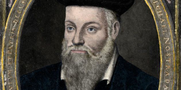 Michel De Nostred. Portrait of Michel de Nostredame 1503-1566, usually latinised to Nostradamus, French physician, apothecary and reputed seer who published collections of prophecies. Colorized painting.