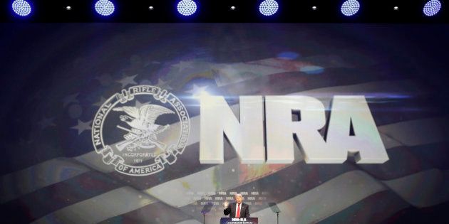 Republican presidential candidate Donald Trump speaks at the National Rifle Association convention, Friday,...