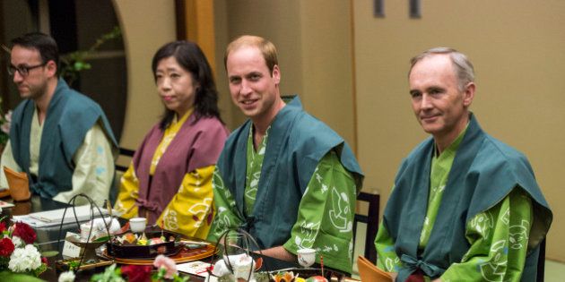 KORIYAMA, JAPAN - FEBRUARY 28: Prince William, Duke of Cambridge (2R) smiles before he eats dinner at a traditional Japanese Ryokan on February 28, 2015 in Koriyama, Japan. The Duke of Cambridge is visiting Japan from February 26th to March 1st 2015. (Photo by Arthur Edwards - WPA Pool/Getty Images)