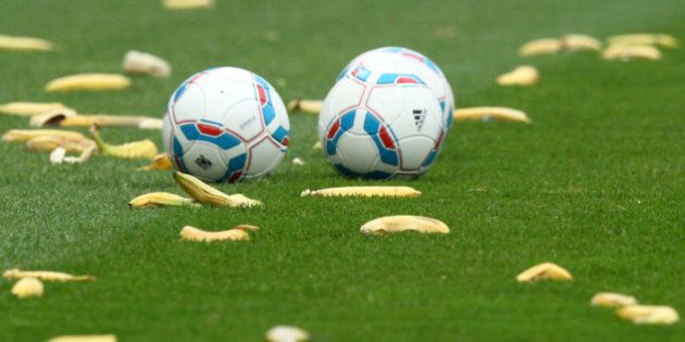 ROSTOCK, GERMANY - NOVEMBER 19: Bananas and balls are pictured prior to the Second Bundesliga match between FC Hansa Rostock and FC St. Pauli at DKB Arena on November 19, 2011 in Rostock, Germany. (Photo by Matthias Kern/Bongarts/Getty Images)
