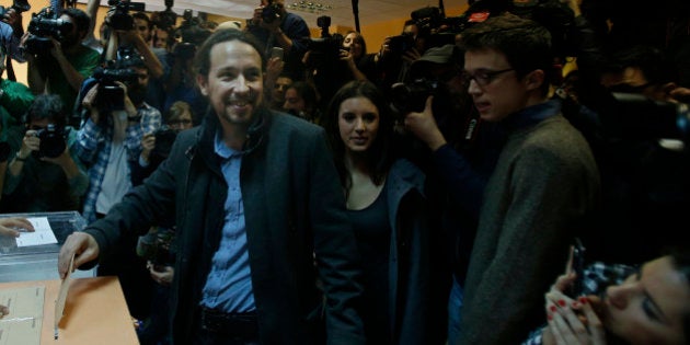 Podemos leader Pablo Iglesias casts his vote for the national elections in Madrid, Sunday, Dec. 20, 2015. Spaniards are voting in an historic national election Sunday with the countryâs traditional two-parties and widely anticipated strong showings for two new parties. (AP Photo/Paul White)