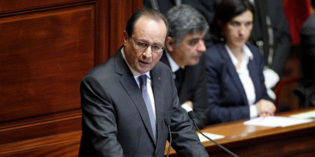 VERSAILLES, FRANCE - NOVEMBER 16: French President Francois Hollande delivers a speech during an exceptional joint gathering of both of the French houses of parliament on November 16, 2015 in Versailles, France. During his speech, the French President expressed his commitment to 'destroying' Islamic State (IS), following Friday's terrorist attacks which left at least 129 people dead and hundreds more injured. (Photo by Chesnot/Getty Images)