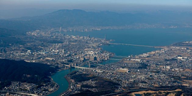 Japan, Kinki Region, Shiga Prefecture, Aerial view of Mount Hiei and Otsu City. (Photo by: JTB Photo/UIG via Getty Images)