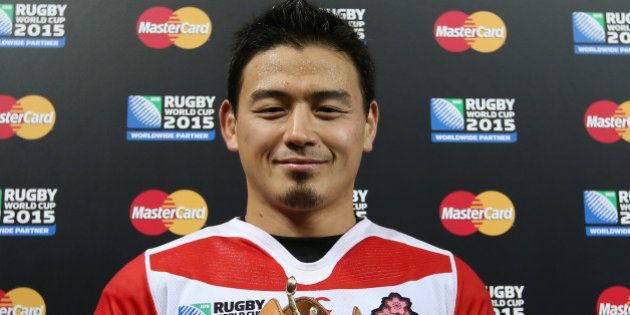 GLOUCESTER, ENGLAND - OCTOBER 11: Ayumu Goromaru of Japan is presented with his Man of the match award after the 2015 Rugby World Cup Pool B match between USA and Japan at Kingsholm Stadium on October 11, 2015 in Gloucester, United Kingdom. (Photo by Steve Bardens - World Rugby/World Rugby via Getty Images)